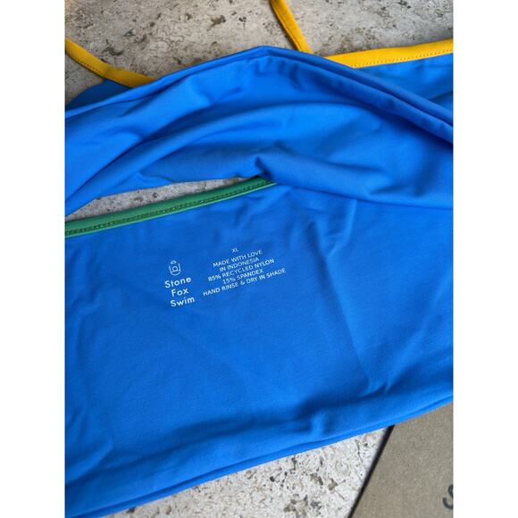 Stone Fox Swim Ibiza Blue Green Yellow One Shoulder Bikini XL Bathing Top NWT - Picture 5 of 5